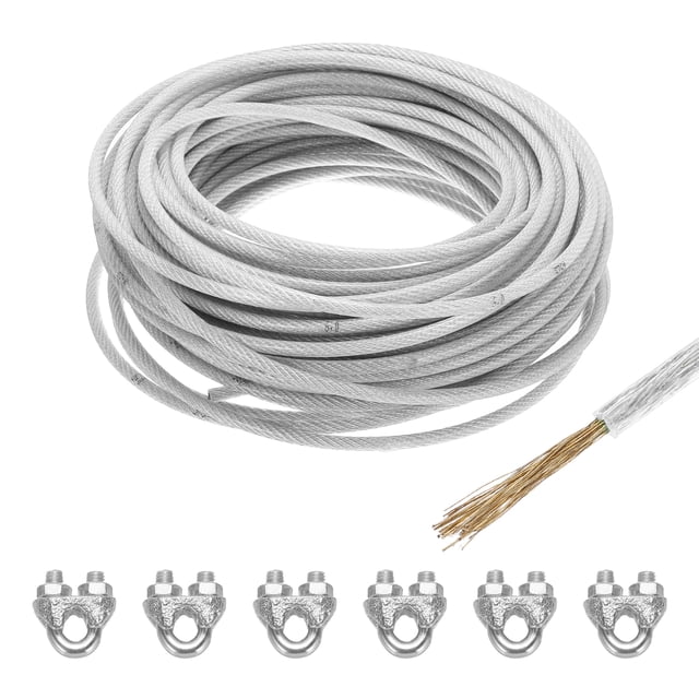 Uxcell 1/4 Clear Vinyl Coated Wire Rope 98ft Galvanized Steel with 6PCS M6 Loop Sleeves