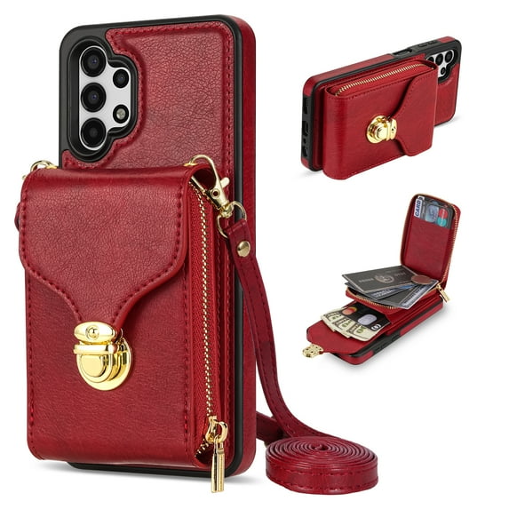 Nalacover Wallet Case for Samsung Galaxy A13 4G,with Removable Adjustable Shoulder Strap,PU Leather Back Zipper Pocket Card Holder Stand Purse Shockproof Phone Case for Women Men,Red