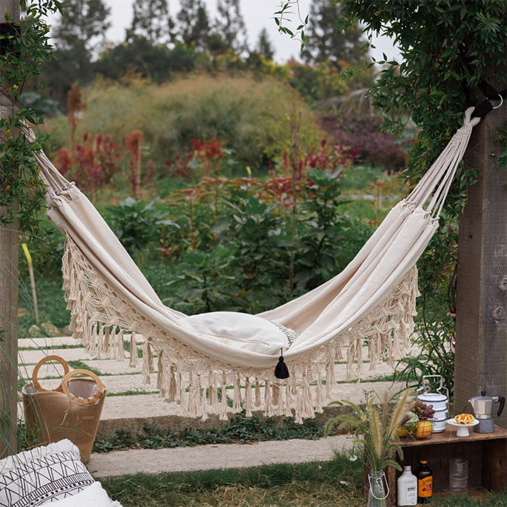 OUNONA Beige Double Camping Hammock Lightweight Canvas Swing Bed Outdoor Relaxation Sleeping Gear