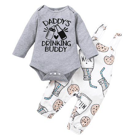 

Mikrdoo Baby Boys Outfits Milk Bottle Romper Cookies Straps Suspender Pants 2Pcs Clothes Set For Winter Gray 6-9Months