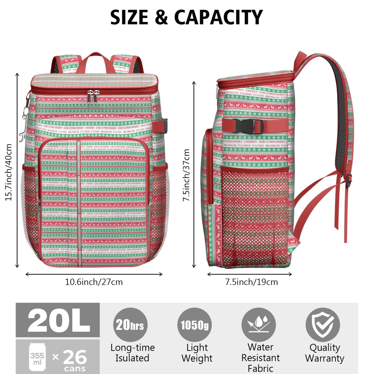 Travel Cooler Bag - Red and Green Christmas Pattern Camping Beer Cooler Backpack with Bottle Opener- Waterproof Insulated Picnic Backpacks - Cooler Bag for Beach