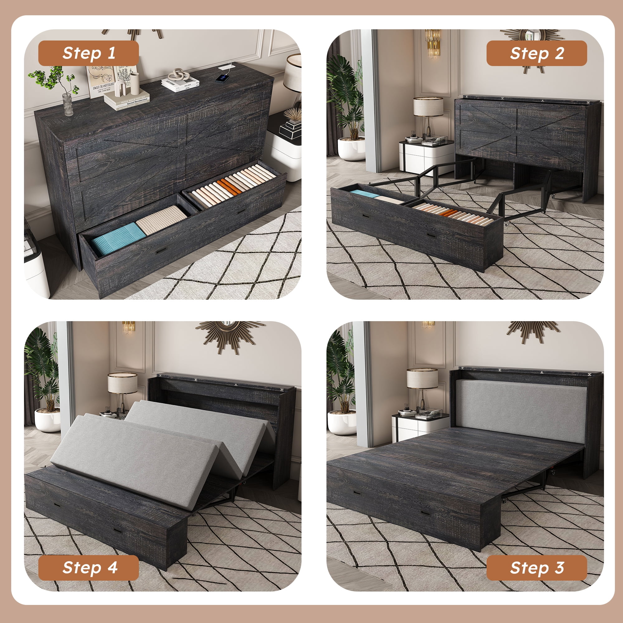Mintazer Full Murphy Bed with 2.8" Mattress & Charging Station, Foldable Cabinet Bed with Storage Drawers for Bedroom Guest Room&nbsp;Living Room, Black