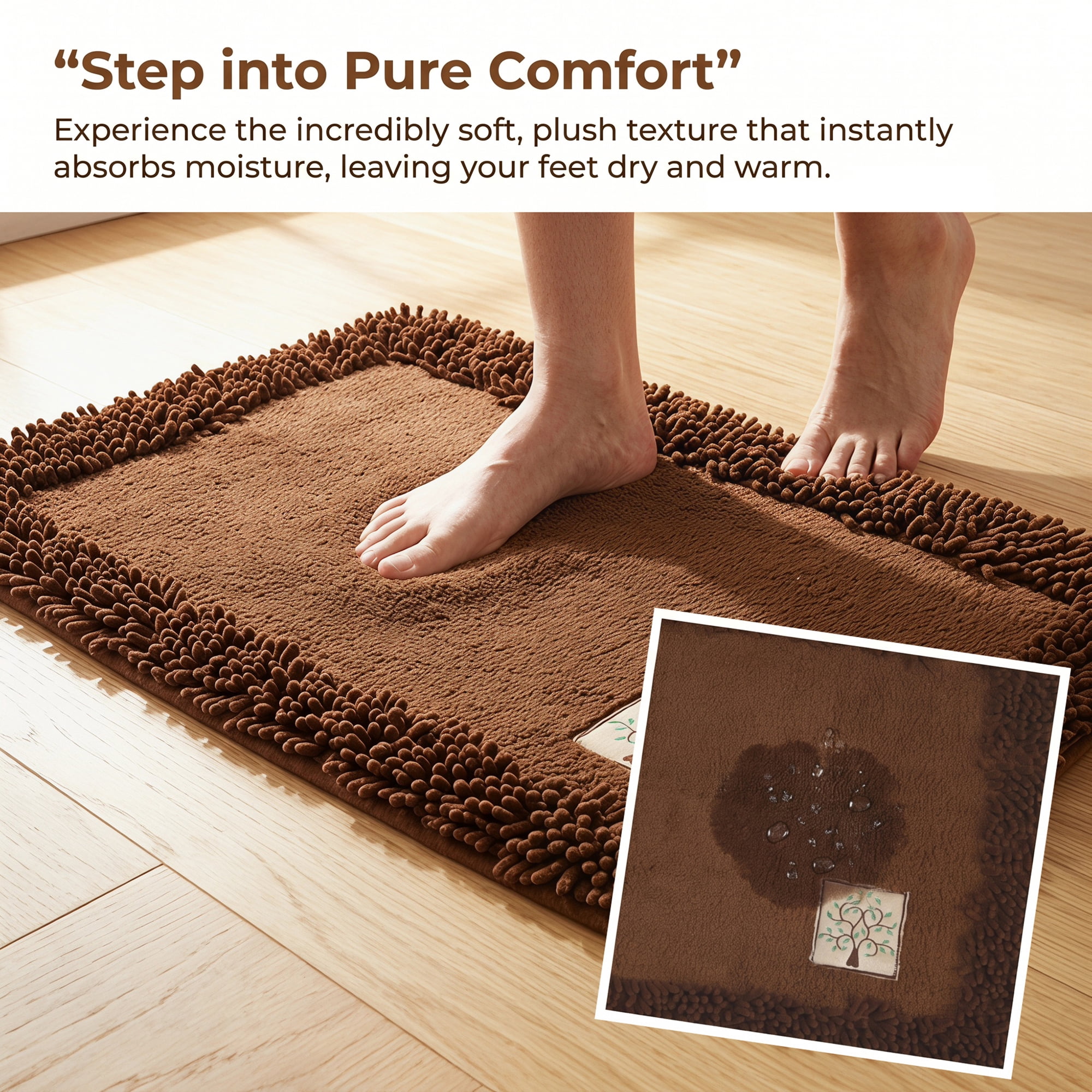 Unique Bargains Chenille Non Slip Bath Mat Ultra Soft Absorbent Shower Rug Khaki 24" x 16"