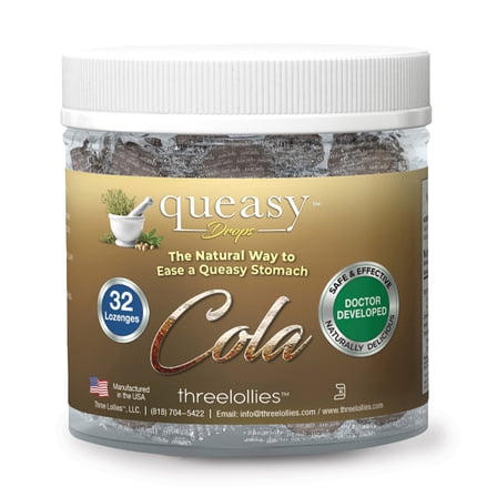Three Lollies Queasy Drops - Cola Flavor - Relief from Nausea & Travel Sickness, Soothes a Dry Mouth & Settles Stomach - Natural Ingredients - 32 ct