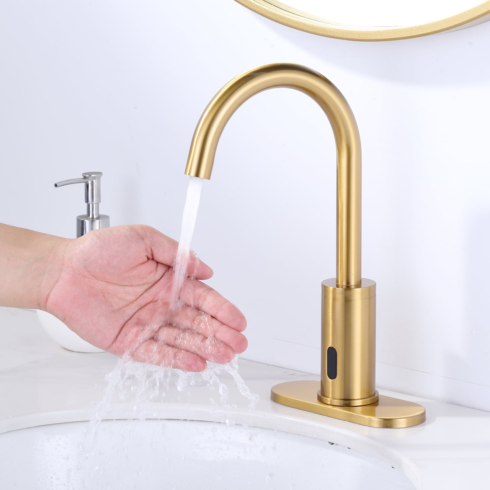 WOWOW Touchless Bathroom Faucet - Tall Automatic Bathroom Sink Faucet with Single Hole, Control Box and Temperature Mixer for Vanity with Deck Plate, Gold