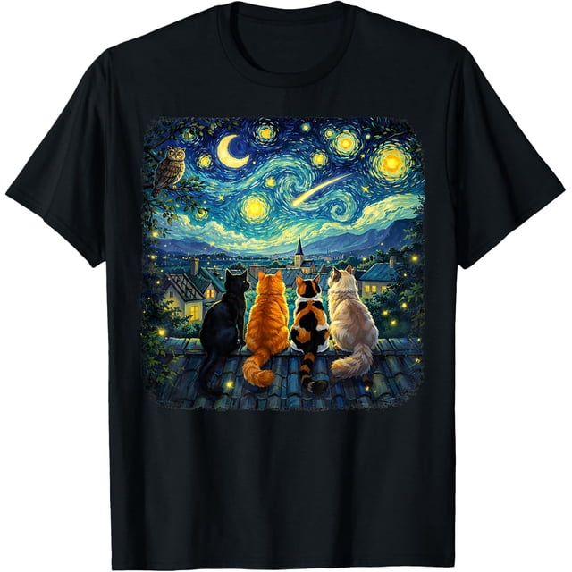 Playera Cat Starry Night Van Gogh Cats Funny Gifts for Men Women Kid, Manga Corta Unisex, Color Negro, Talla Extra Grande