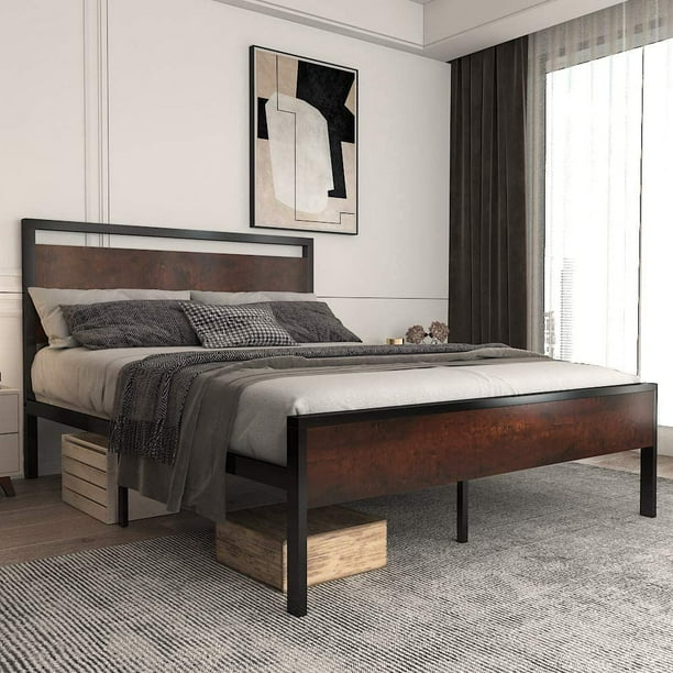 Allewie Sanders Queen Size Platform Bed, Metal And Wood Bed Frame Queen