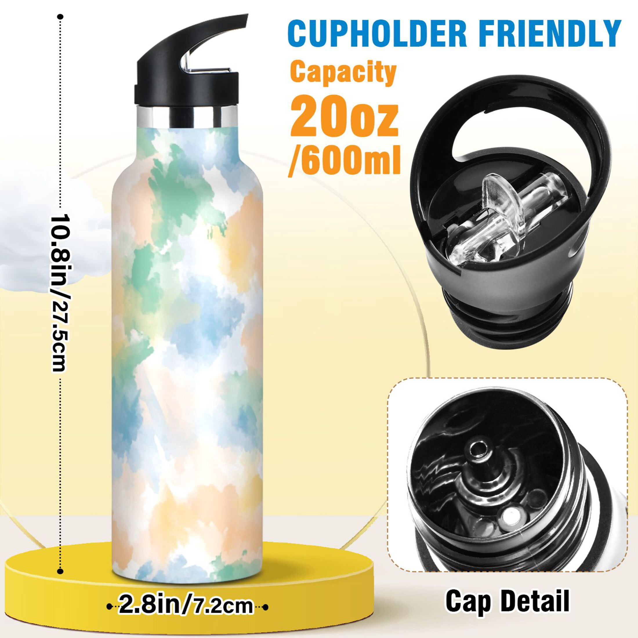 Kids Insulated Stainless Steel Sports Water Bottle 600ml (20oz) Watercolor Soft Pastel Strokes