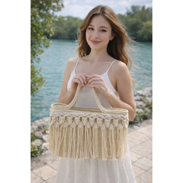 BOLSA DE PALMA BEIGE CON MACRAME -HECHA A MANO BOLSA ARTESANAL PLAYA MUJER