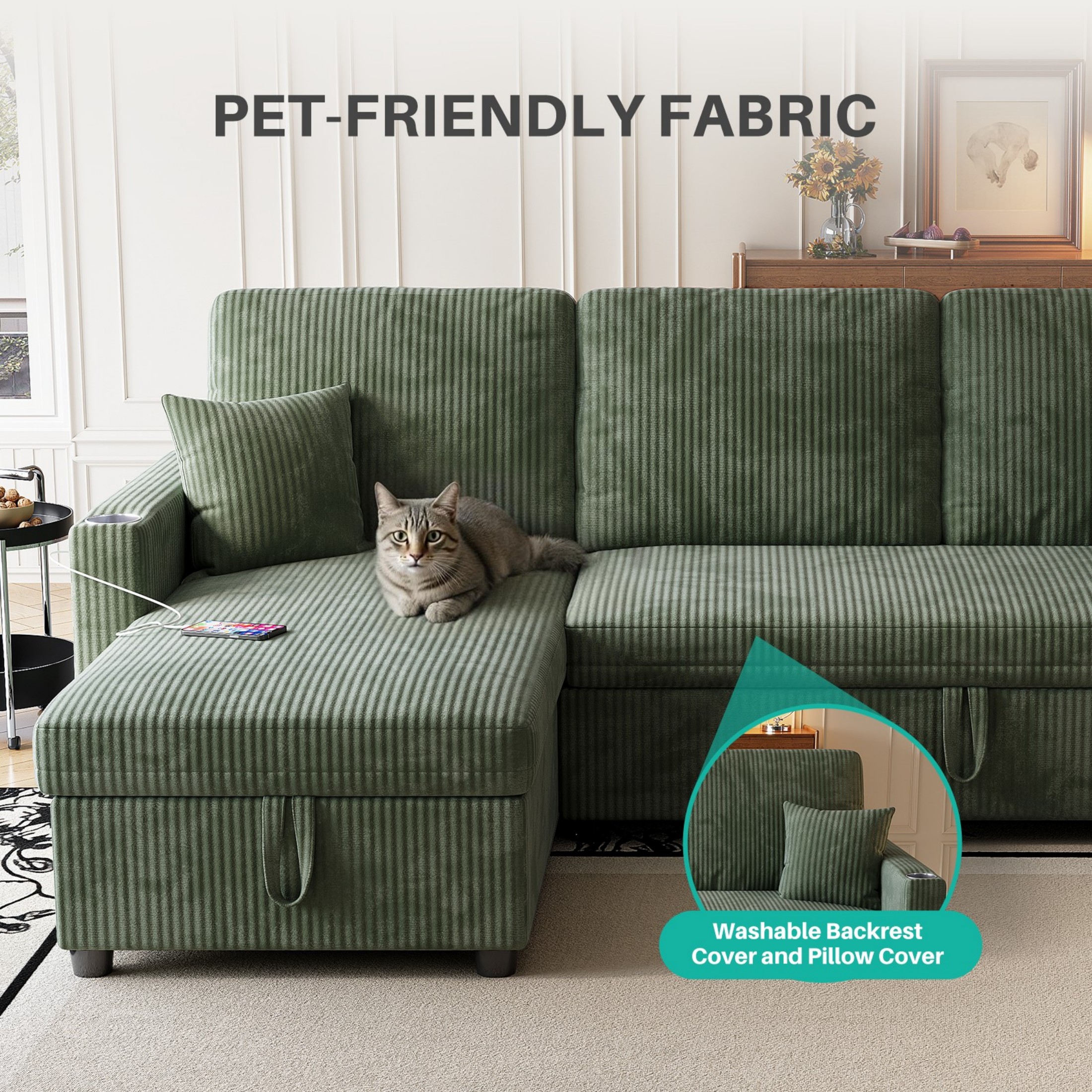 Sleeper Sectional Sofa, 83" Convertible Sofa Bed with Pull Out Couches, Small Desktop, L Shaped Couch with Reversible Chaise, Cup Holders, USB, Modern Corduroy Sofas for Living Room Apartment, Green