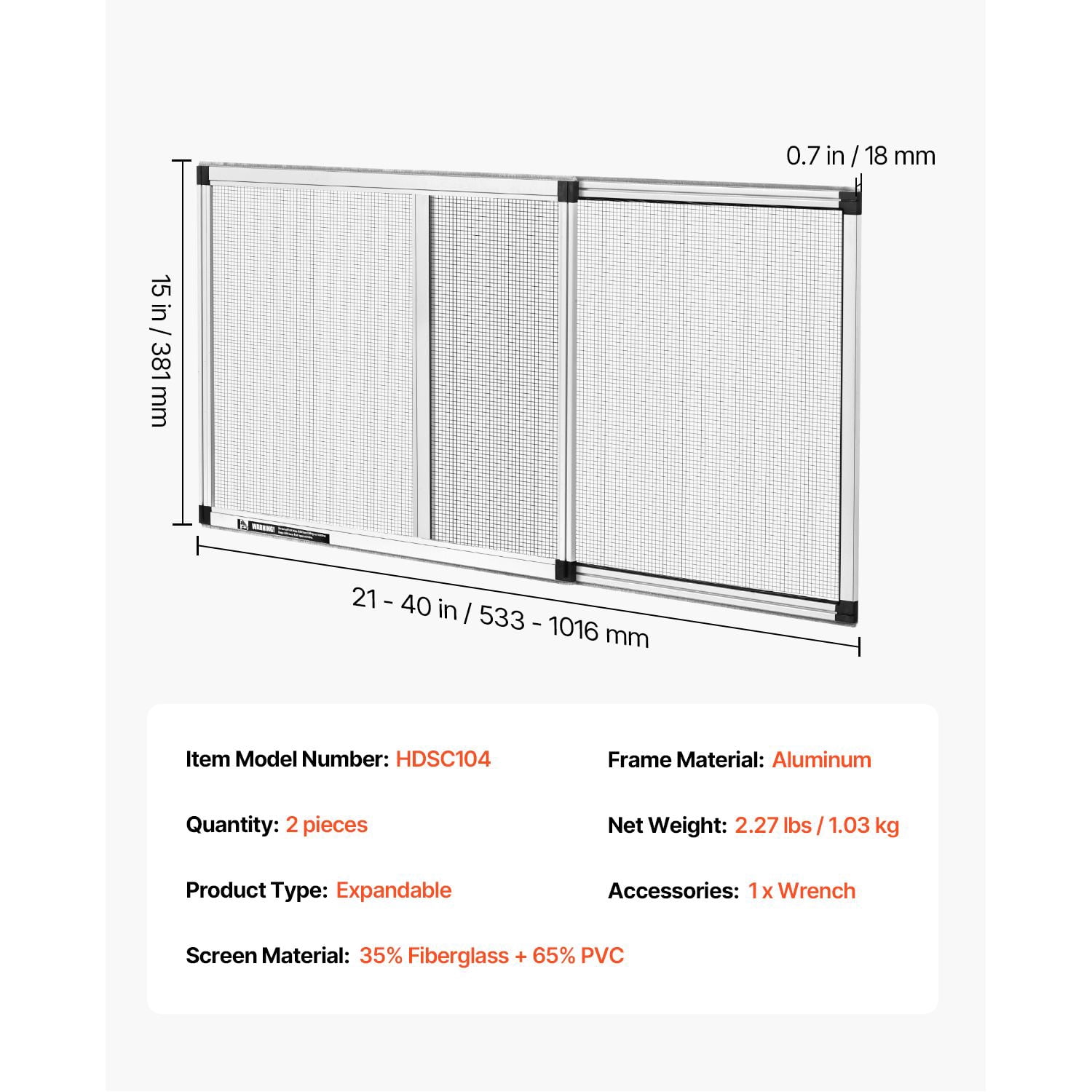 Adjustable Window Screen 21-40x15 Inch, Expandable with Rust-Proof Metal Tracks, Fiberglass Mesh, Felt Edges for Seal, No-Drill Installation for Home Windows