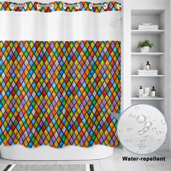 No Hook Shower Curtain, Colorful Rhombic Shower Curtains for Bathroom with See Through Top Window, Abstract Geometric Art Vintage Rustic Waterproof & Washable Bath Curtain 66"x72"