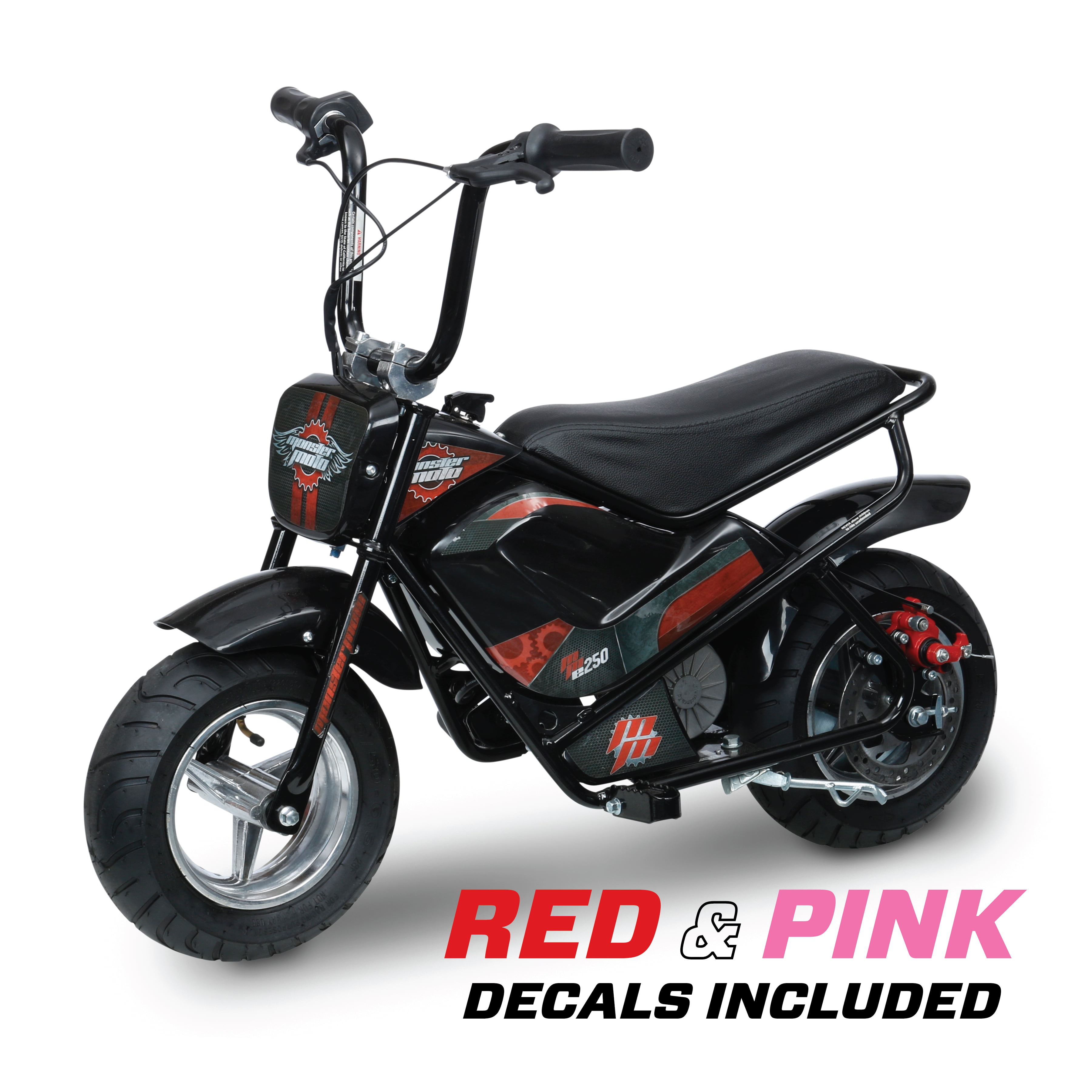 Monster Moto Electric Mini Bike 250Watt- Black with Red and Pink Decals