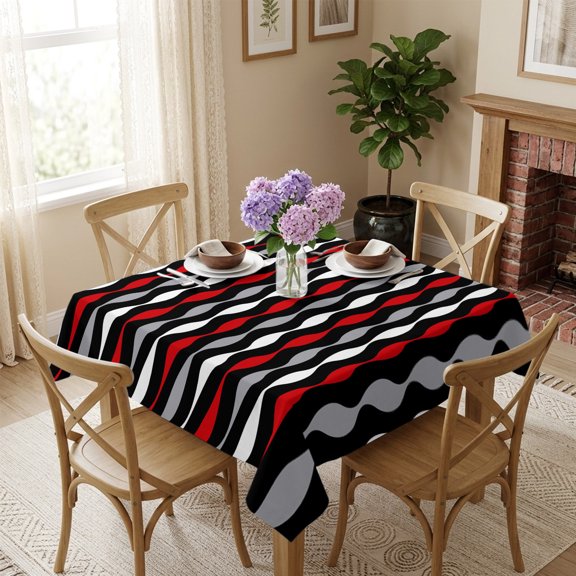 Red Black Wave Stripes Square Tablecloth 54x54 Inch Modern Geometric Striped Waterproof Polyester Table Cover, Washable Stain Resistant Tablecloth for Dining Table Kitchen Wedding