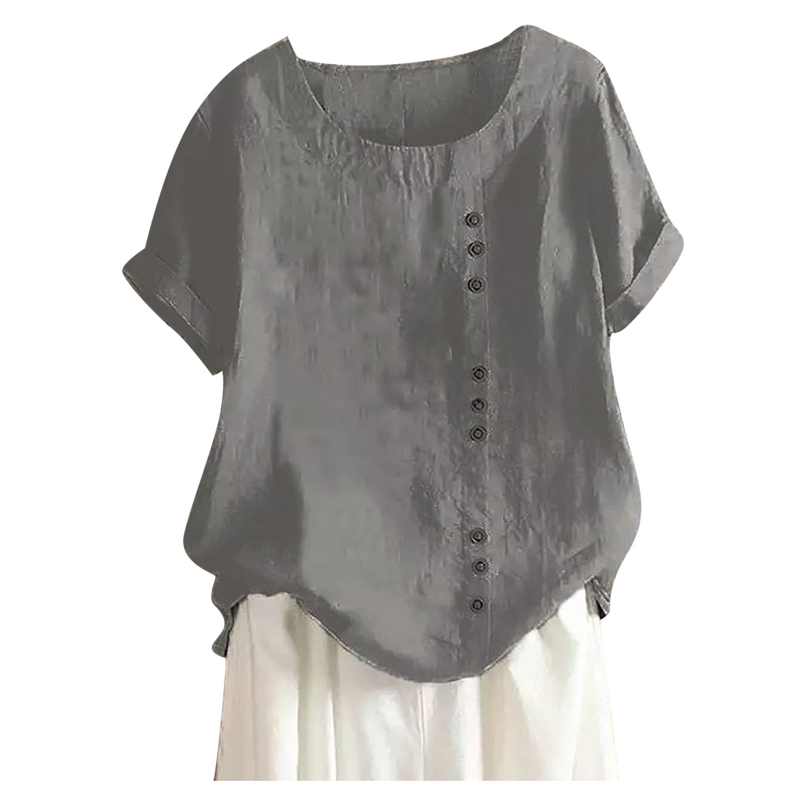 WEIYLL T-Shirts Women Plus Size Linen Loose Tunic Breathable Boho Solid Dark Gray Tee Sizes L