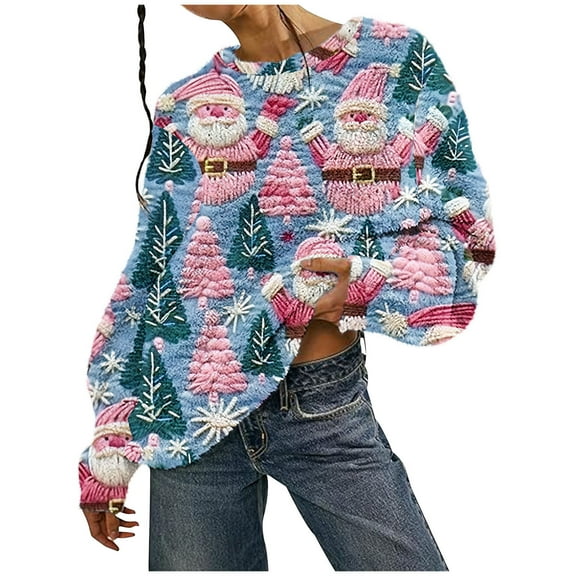 Aboser Fuzzy Fleece Sweatshirt for Women Ugly Christmas Holiday Shirts Plus Size Fluffy Plush Tops Cute Xmas Santa Claus Print Sweaters Cozy Warm Crewneck Pullover Top