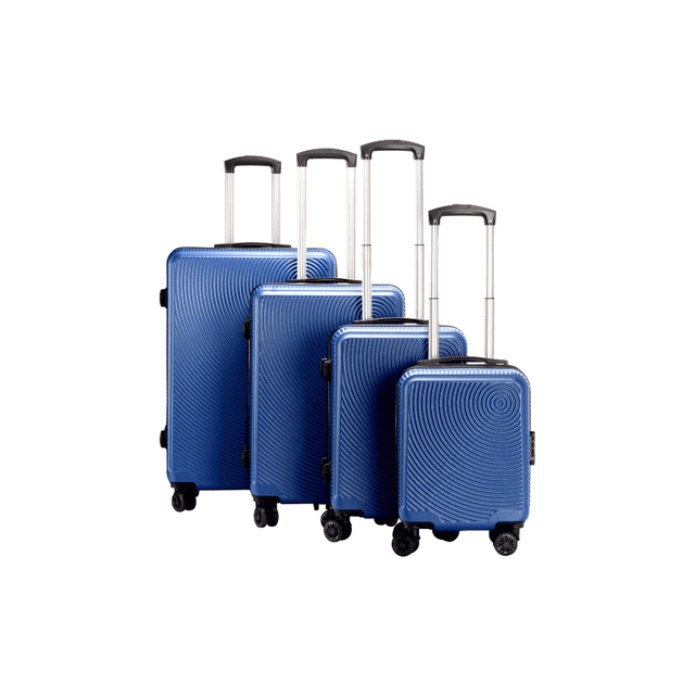 travel elite - set 4 maletas rígidas de viaje, g (25 kg), m (20 kg), c (10 kg), carry on (8kg), varios colores azul unitalla conjunto de cuatro maletas rígidas azules con textura circular; vista 3/4 frontal con bastones telescópicos extendidos, asas cómodas, cierre plástico y metal, candado de combinación y ruedas spinner 360°. La maleta más pequeña muestra ruedas desmontables y suele usarse también para transportar equipo personal en viajes cortos.