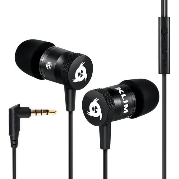 KLIM Fusion Earbuds with Microphone Long-Lasting Wired Earphones with Memory Foam, Mic and 3.5mm Jack, Black