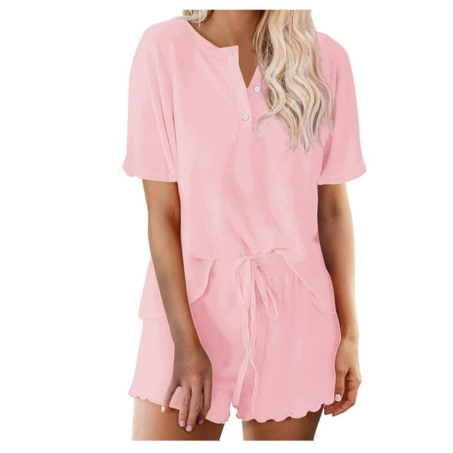 Qtocio Pajama Set for Women,Solid Color Button Front Short Sleeve Belted Shorts Sleep Set