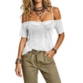 thumbnail image 2 of Craaazy Women Short Sleeve Tops Relaxed Fit Solid Color Cold Shoulder Mesh T-Shirts Breathable Fabric for Going Out and Casual Wear, 2 of 8