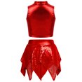 thumbnail image 2 of Aiihoo Kids Girls Hip Hop Jazz Dance Outfits Sleeveless Metallic Crop Tops with Shiny Sequins Skirt Cheerleading Performance Outfits Red 12, 2 of 4