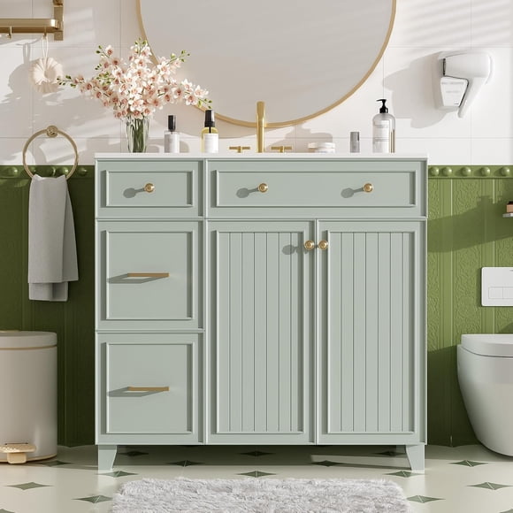 36" Bathroom Vanity with Ceramic Sink, Standard and Double-Layer Drawers, Soft Close Doors, Adjustable Shelves, Modern Storage Cabinet for Small and Medium Bathrooms