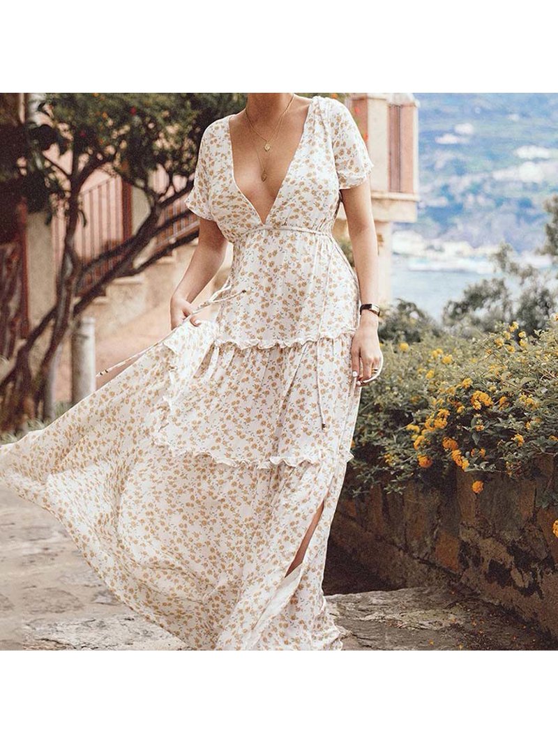 white del maar floral beach maxi dress Hotian Women Deep V Neck Drawstring Waist Tiered Vacation M side cut out dress deep V-neck dress Betsy & Adam One Waist Size:58