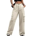 thumbnail image 3 of aohooy Wide Legged Cargo Pants for Women High Waisted Solid Loose Pant Stretchy Straight Leg Casual Pull On Trousers with Multi Pockets Beige,S, 3 of 7