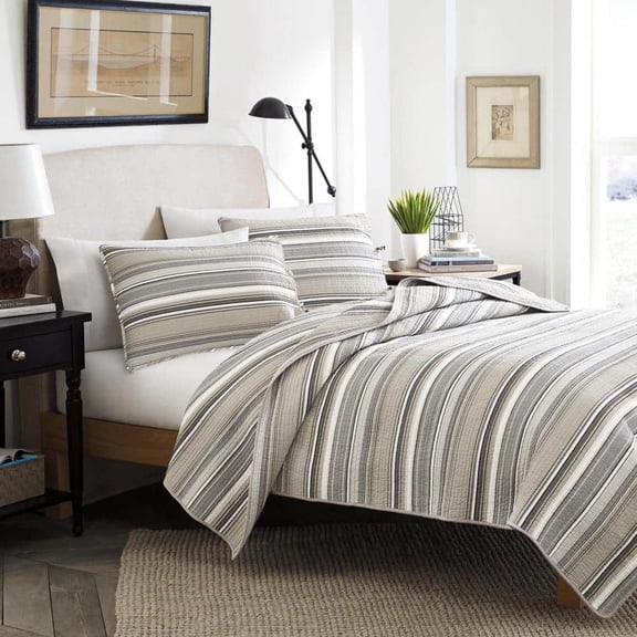 Fresno 3-Piece Neutral Beige Striped Cotton King Quilt Set