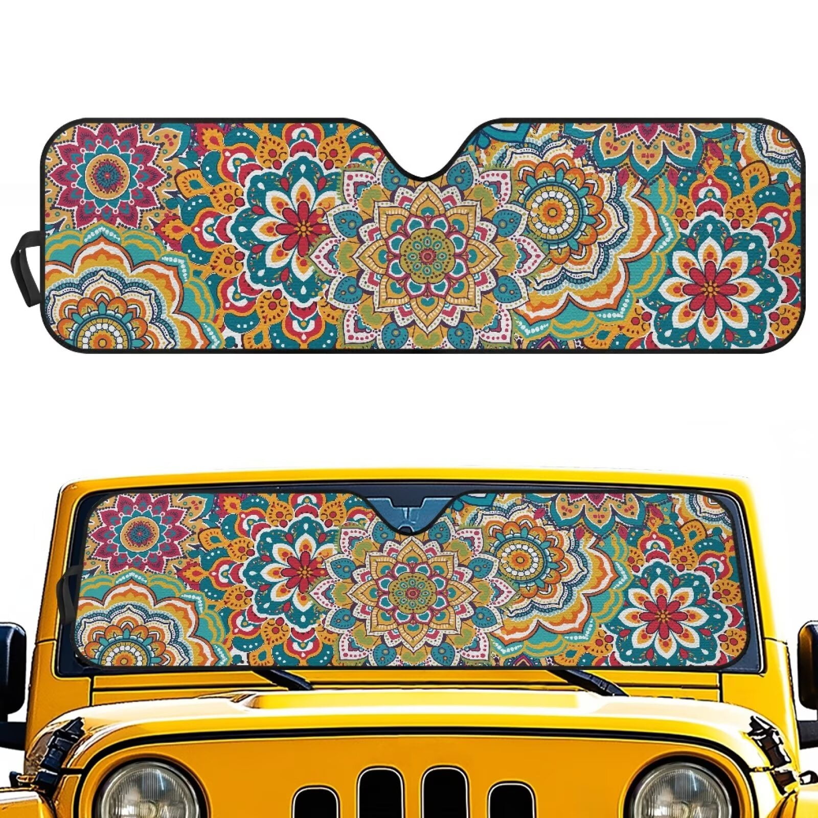 Uorisanigo Car Sun Shade, Windshield Sunshade Boho Mandala Floral Sun Visor for UV Rays & Heat Protection, Suitable for Wrangler JK JKU TJ 1997-2018, Accessories for Jeep Wrangler