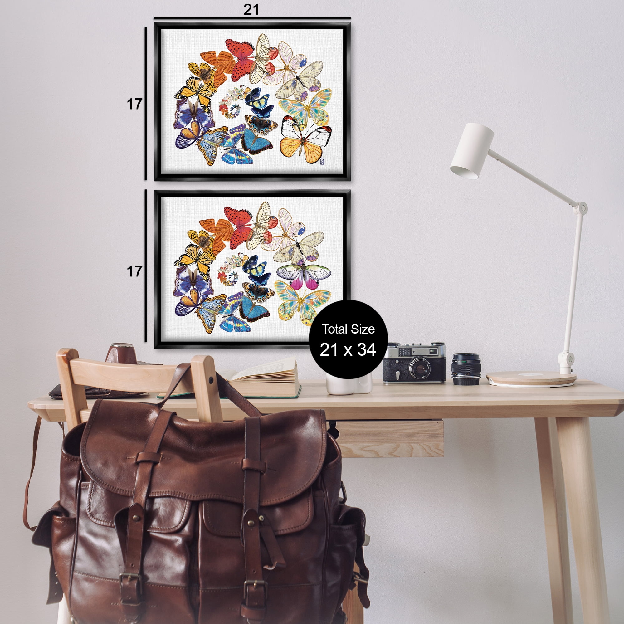 Stupell Industries Fly Away Butterfly Spirals Animals Painting Black Floater Framed Canvas Art Print Wall Art, 21 x 17, Set of 2