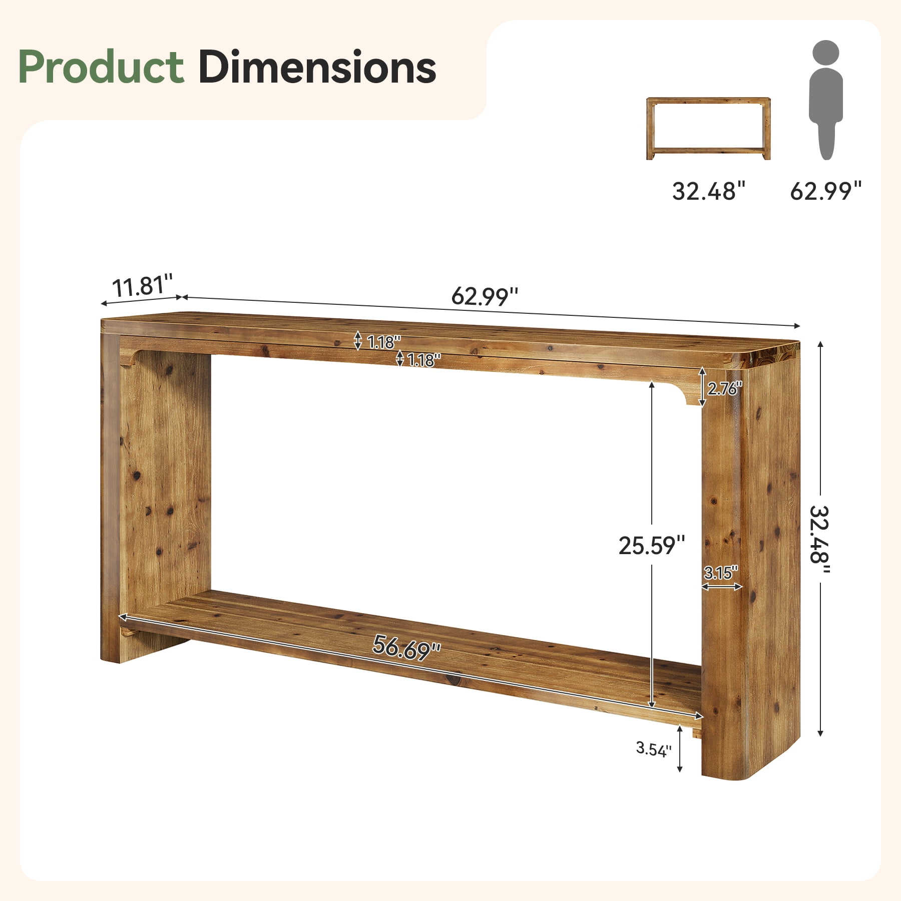 TRIBEWOOD 63" Solid Wood Console Table, Farmhouse Entryway Table for Living Room