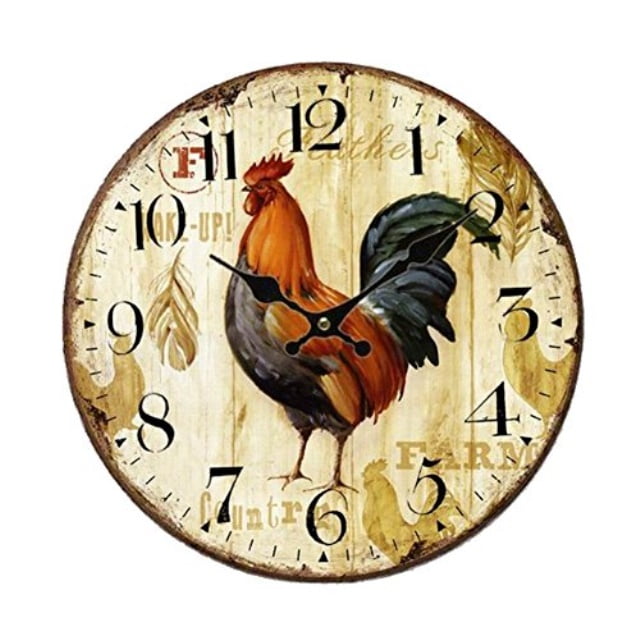 SkyNature Kitchen Wall Clock - Home Decorative,14 Inch Silent Non-Ticking Quartz Battery Operated Clock,Easy to Read Retro Wooden Large Rooster Style ...