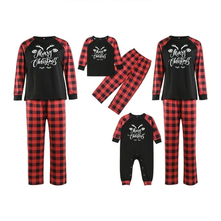 

Nokiwiqis Christmas Letter Print Tops and Plaid Trousers Parent-child Pajamas