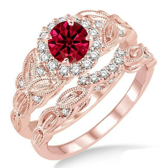 1.25 Carat Ruby & Diamond Vintage floral Bridal Set Engagement Ring on 10k Rose Gold