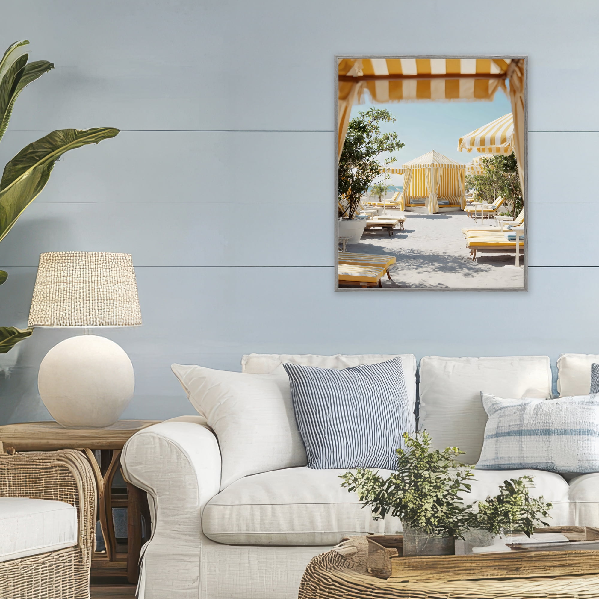 Stupell Industries Yellow Striped Beach Cabanas Gray Framed Giclee Art, design by Franklyn Gregory