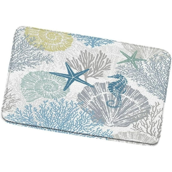 Nautical Coastal Bath Mat Marine Life Seahorse Starfish Seashell Coral Reef Bathroom Rugs Vintage Ocean Beach Themed Non-Slip Carpet Bedroom Kitchen Indoor Floor Decor 17.8x29.5 in