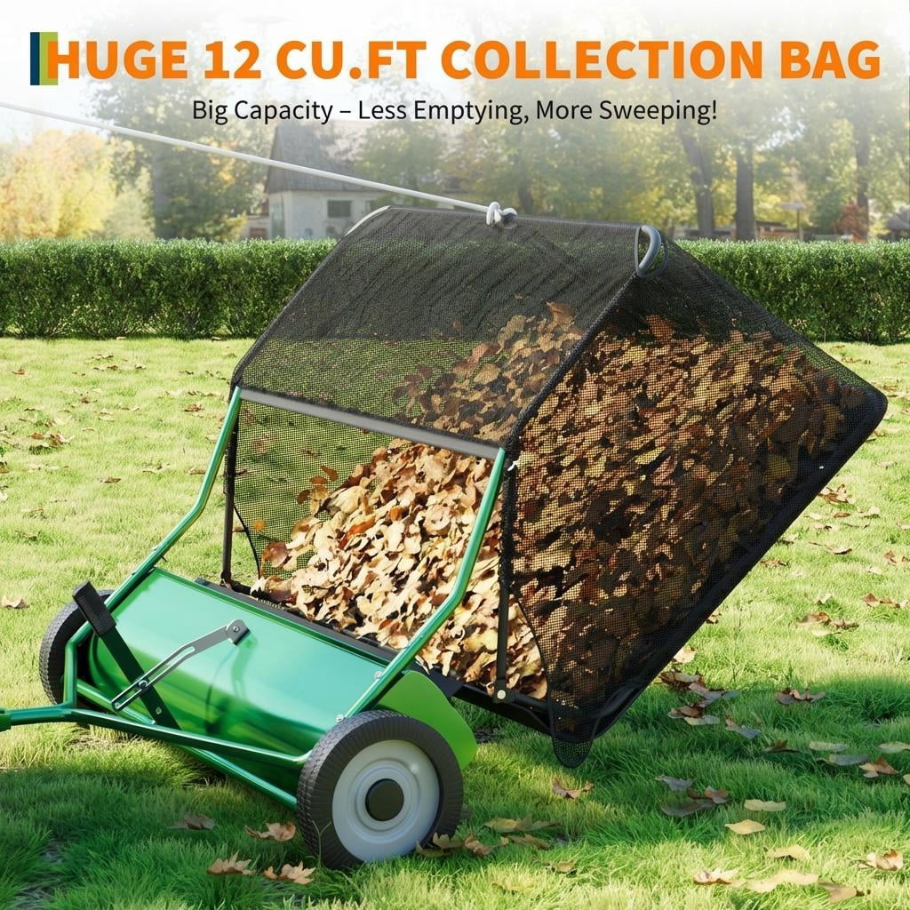 Black Tow-Behind Leaf Collector, 48-Inch Lawn Sweeper with 26 Cubic Feet Hopper, 4 10-Inch Nylon Brushes for Leaves, Pine Needles, Pine Cones