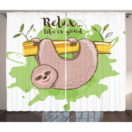 Good Life 2 Light - Sloth Curtains 2 Panels Set, Relax Life is Good Inspirational Illustration of Tropical Mammal on Tree Branch, Window Drapes for Living Room Bedroom, 108W X 90L Inches, Green Tan Yellow, by Ambesonne