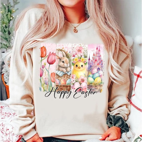Happy Easter Sweatshirt, Retro Bunny Pullover, Floral Spring Coquette Sweatshirt, Cute Brushstroke Easter Apparel for Women