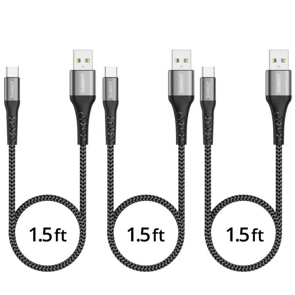 SUNGUY USB C Cable 1.5FT [3Pack] 3A Fast Charge Data Sync USB 2.0 Type C Cord Short Braided Durable for Samsung Note 10