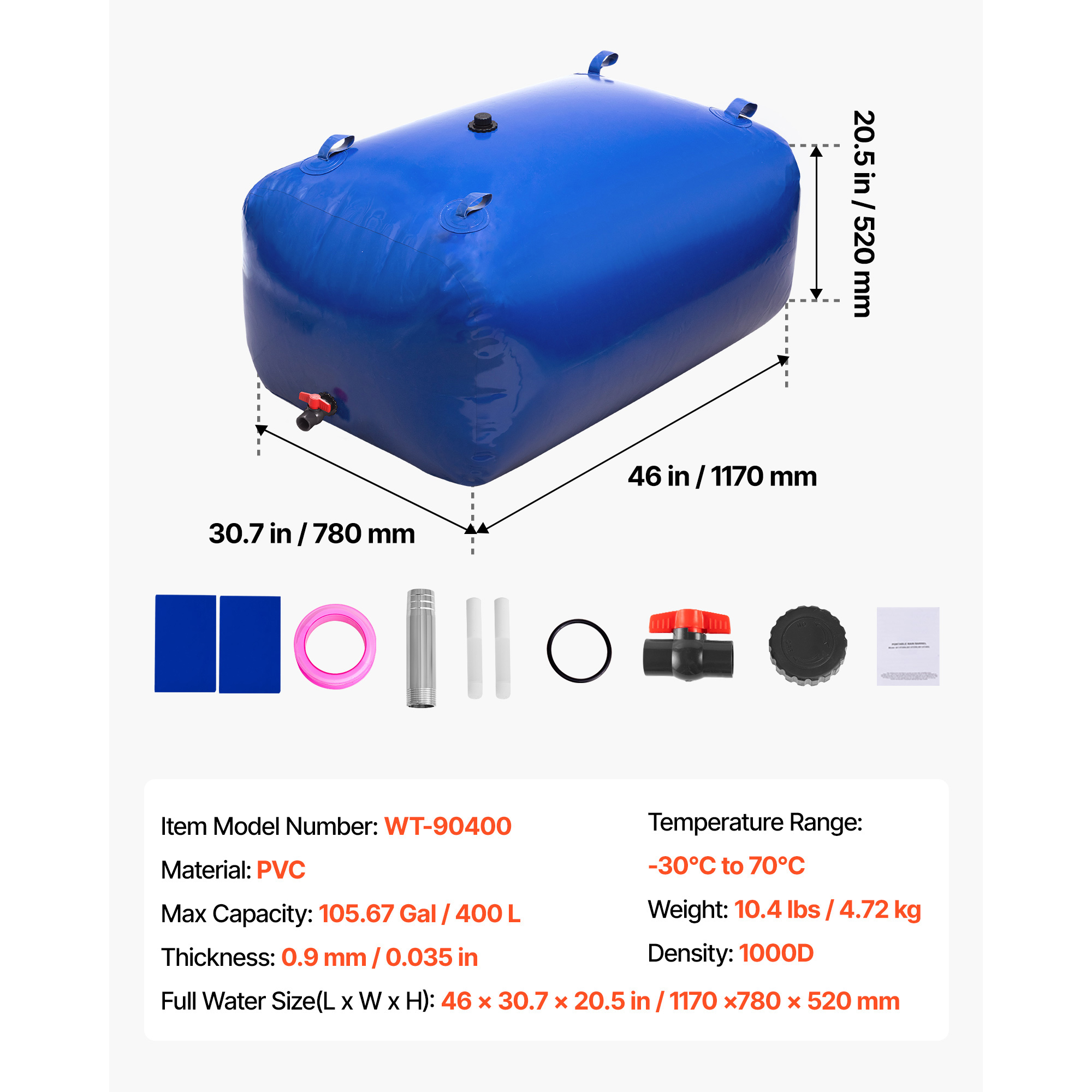 KFFKFF Collapsible Water Storage Bladder, 105.7 Gallon/400L Capacity Portable Container, 1000D Double-Layer PVC Soft Tank for Outdoor Use, Gardening, and Camping (Blue)