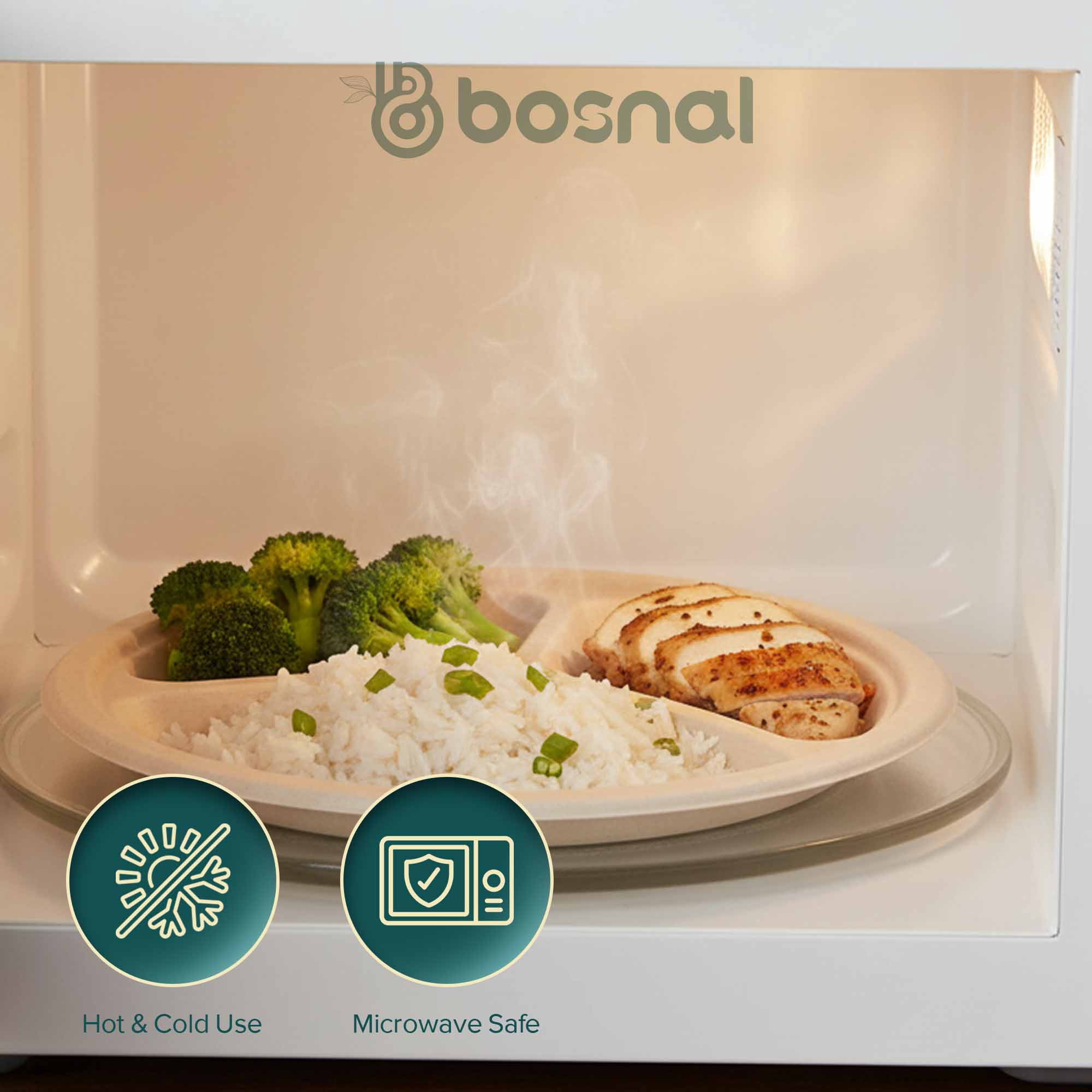 BOSNAL 10 Inch Round 3-Compartment Bagasse Plates (100 Pack) – Compostable, Biodegradable & Eco-Friendly Disposable Plates for Parties, Catering & Meals