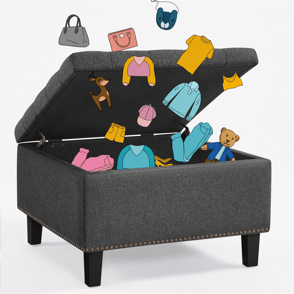 Alden Design Modern Linen-like Storage Ottoman Bench with Button-Tufted for Entryway, Dark Gray