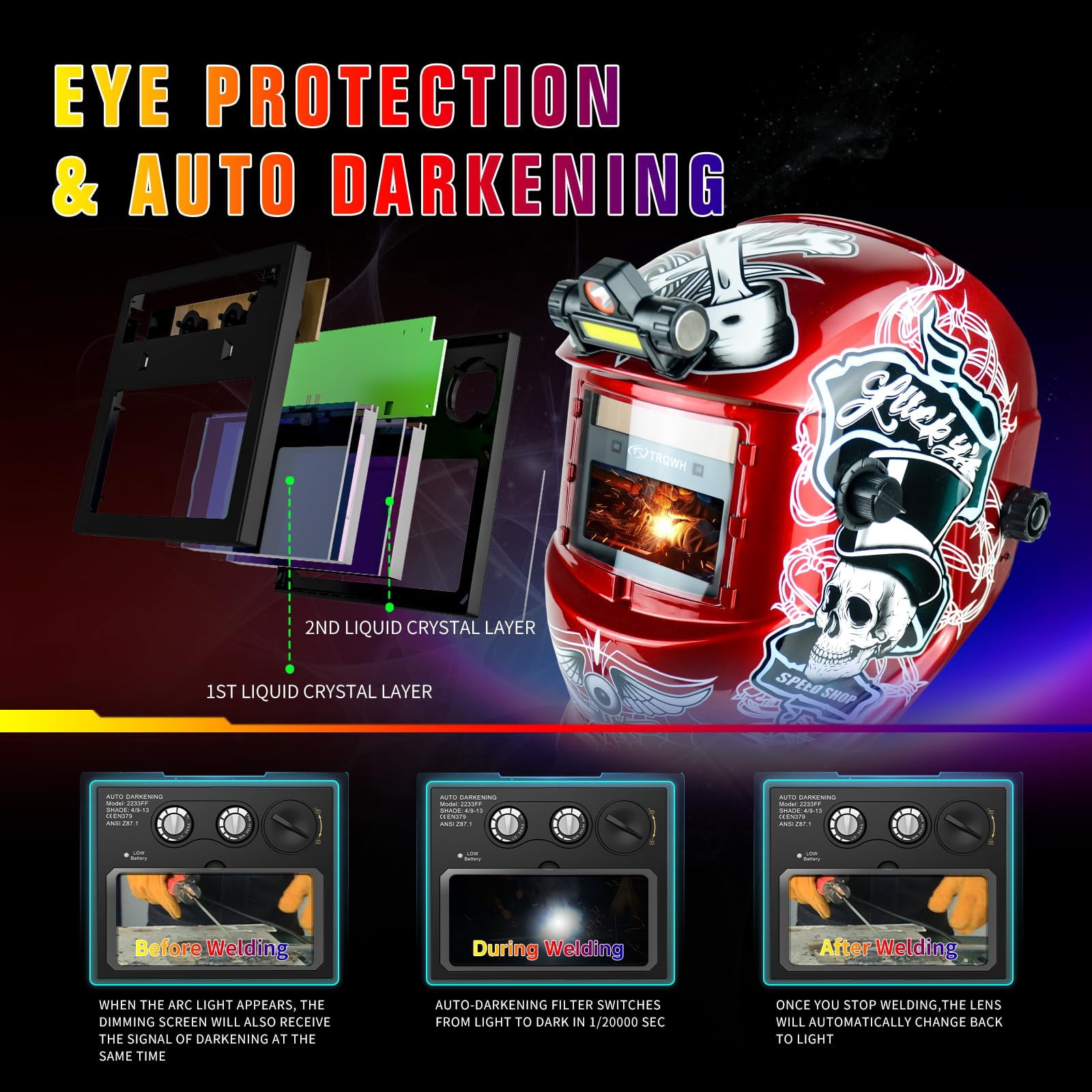 TRQWH Auto-Darkening Welding Helmet, Solar-Powered, 2 Sensors, True Color, Shade 9-13