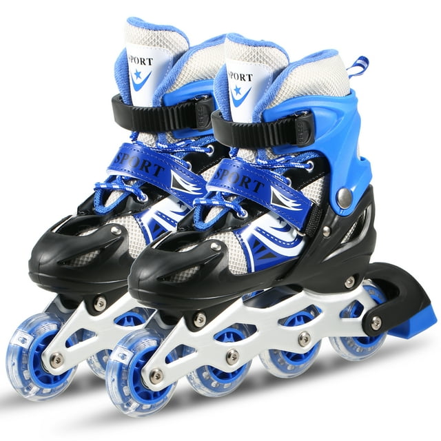 patines de ruedas para niños yeacher ajustables rosa negro azul s m l Par de patines ajustables color azul, vista 3/4; bota semirrígida con cubierta de PVC y piezas de PP, forro textil beige y azul, hebilla superior, velcro SPORT y cordones, chasis resistente con cuatro ruedas translúcidas azules y freno trasero negro; talla ajustable S–L, adecuados para aprendizaje recreativo.
