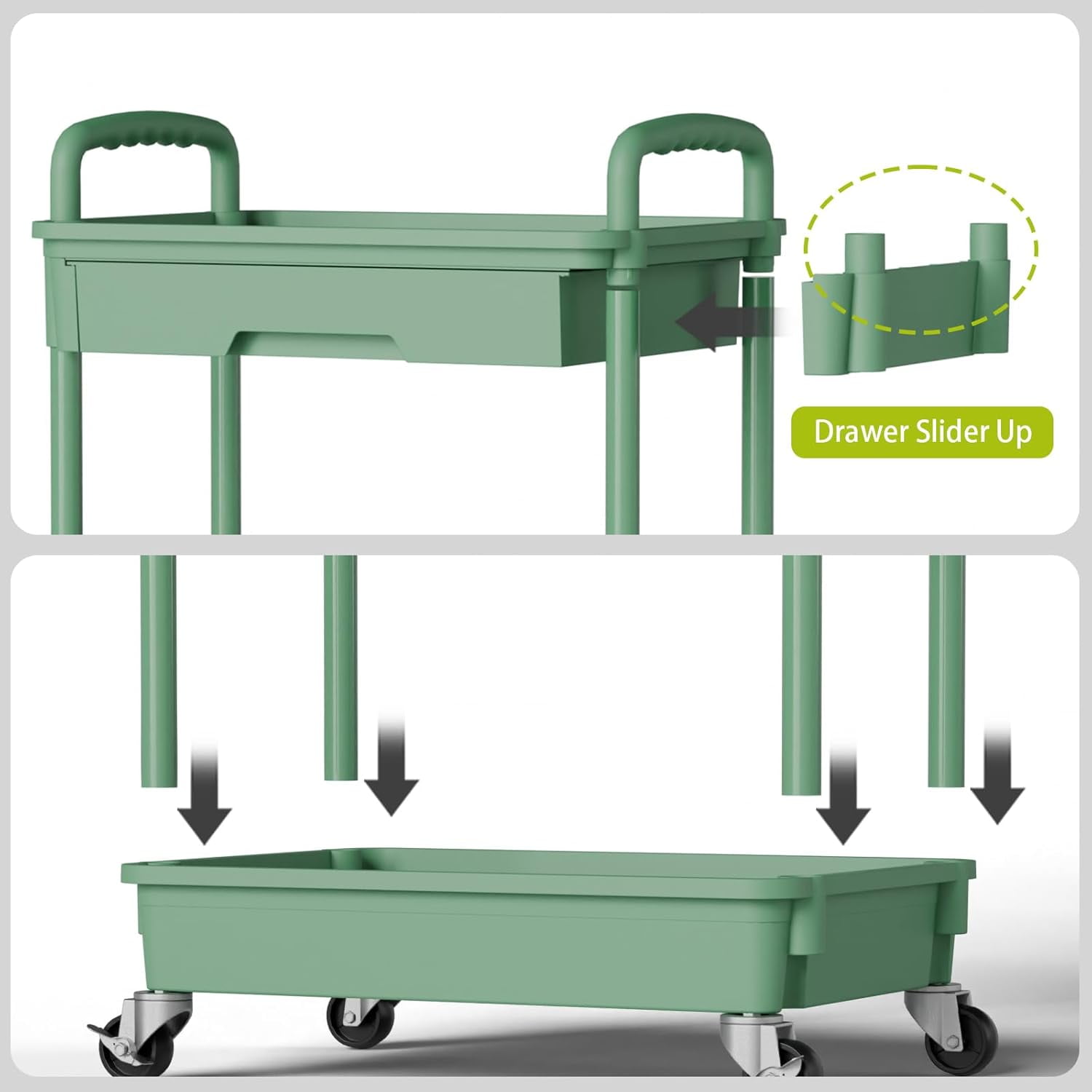 5 Tier Rolling Utility Cart, Mobile Storage Shelves with Wheels for Bathroom Laundry Office Home, Green