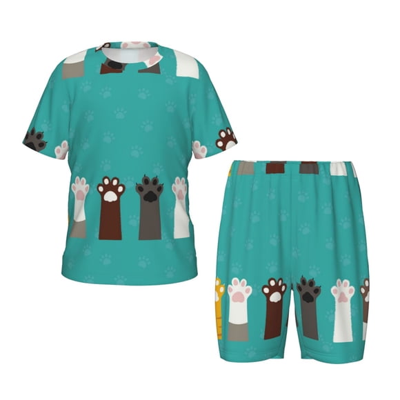 Fotbe Cute Cat Paw And Dog Pijama Estampada de 2 Piezas para Niños – Ropa de Dormir de Manga Corta Cómoda para Niños y Niñas, Camiseta y Shorts de Algodón-XX-Large