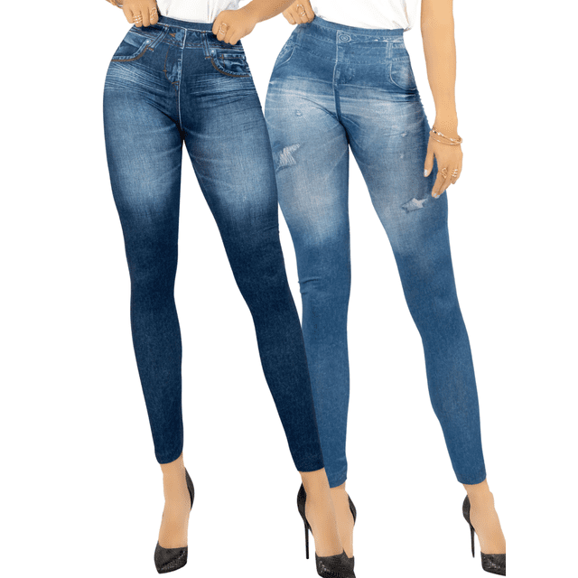SET DE 2 LEGGING GRUESO DE MUJER AZUL Y NEGRO DISEÑO MEZCLILLA UNITALLA