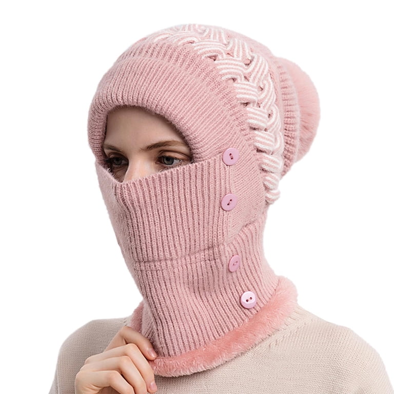 Women\'s Pink Winter Hat Warm Hooded Scarf Hat Balaclava Knit Skull Beanie Knit Winter Hats for Womens Balaclava Warm Hooded Scarf for  main image 4